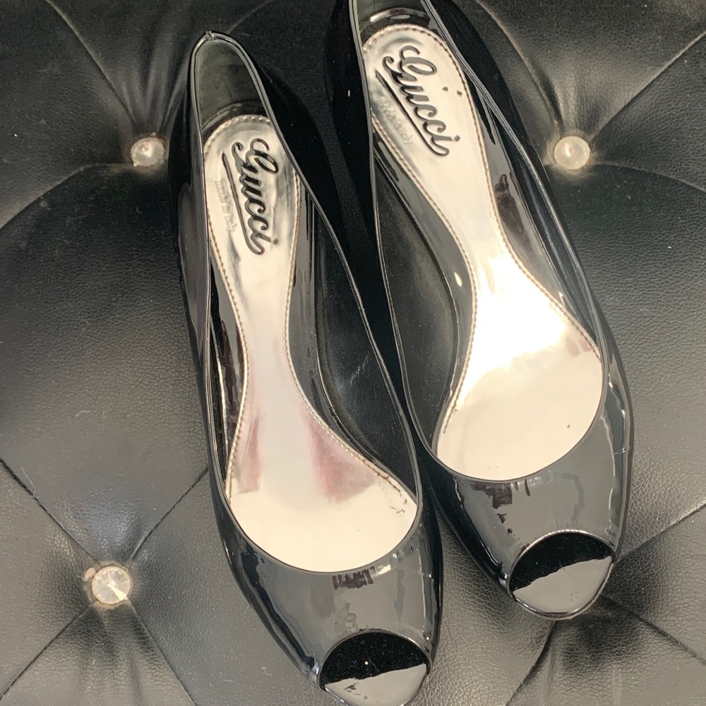 Gucci Glossy Black Peep Toe Heels
